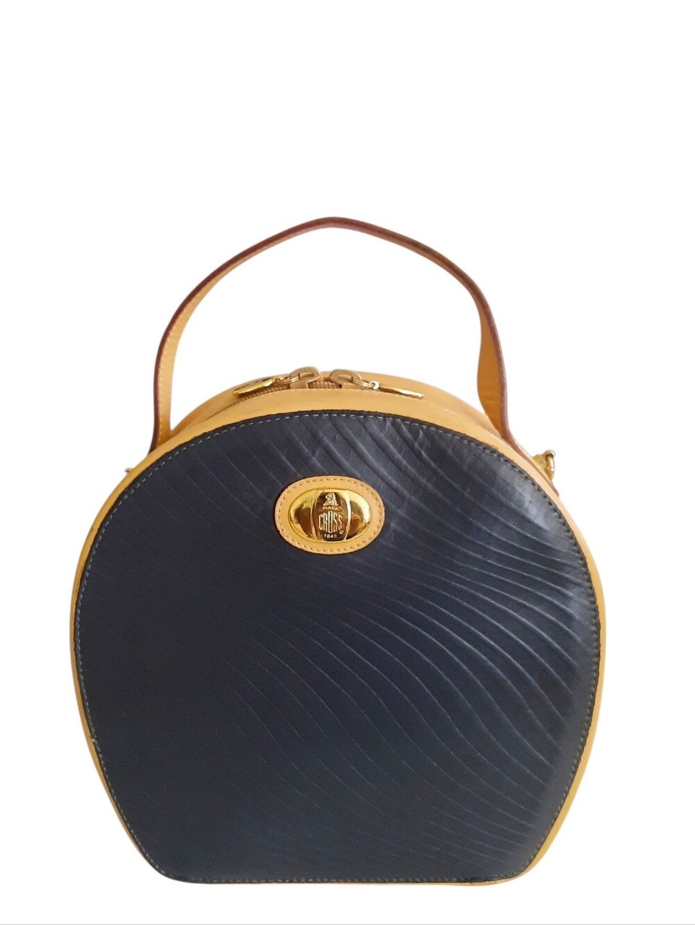 Vtg MARK CROSS Navy/Tan Leather Dome Box Satchel Zip Closure & Crossbody Strap